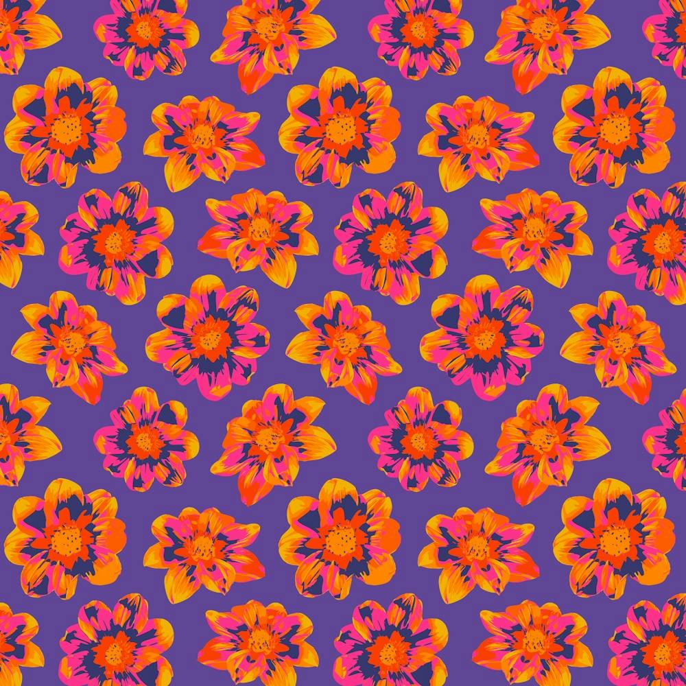 COSMIC COSMOS Multi Abstract Floral Summer Bright Flowers in Fuchsia Pink Orange Yellow on Purple