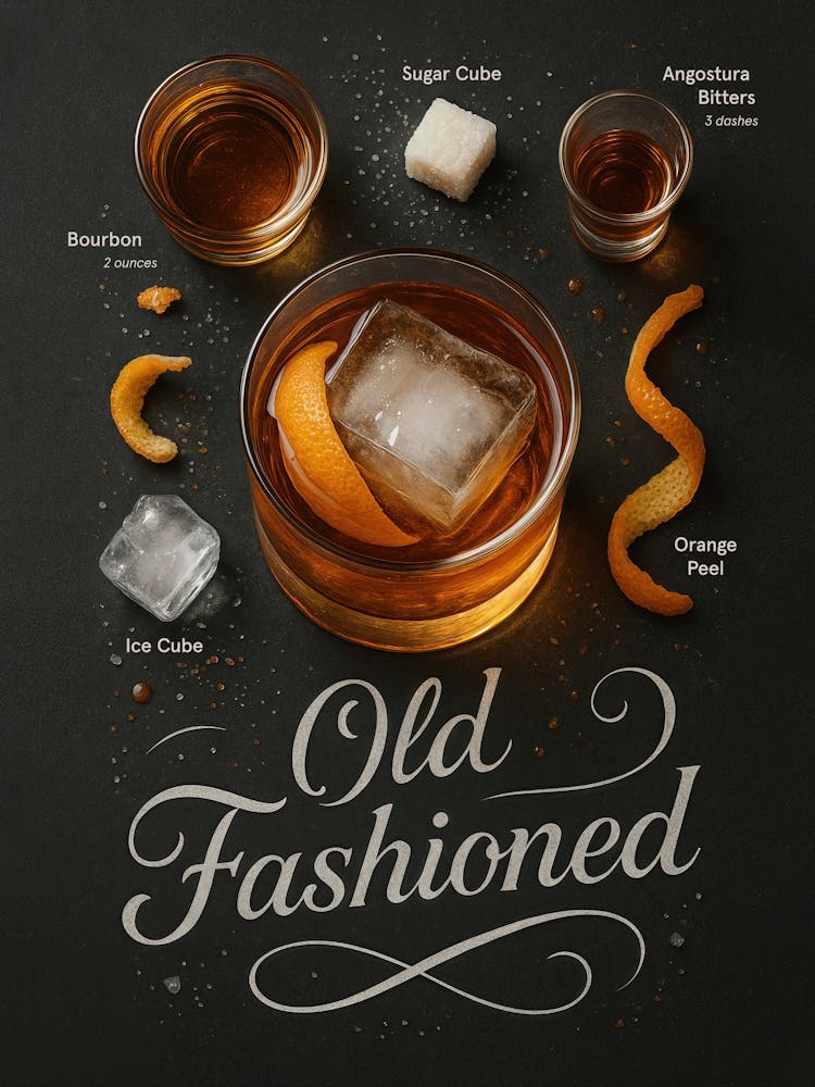 Old Fashioned Cocktail Poster – Whiskey, Orange, Ice: A classic Old Fashioned in elegant dark tones – whiskey, orange peel, and ice in a glass designed for bars, kitchens, or restaurants. This cocktail art blends alcohol, bourbon, and typography with time