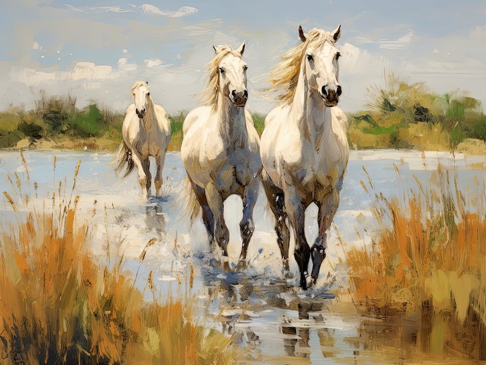 Pferde Gemälde In Camargue, Frankreich, Landschaft 3