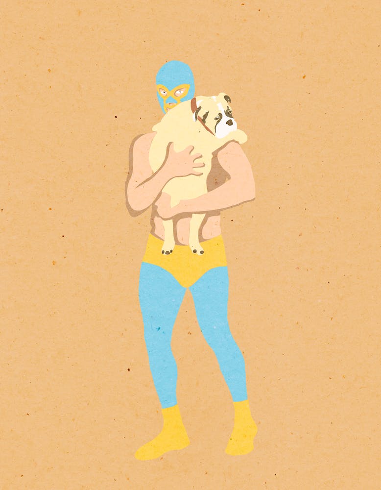Wrestler With Dog, man, puppy, love, illustration, wall art