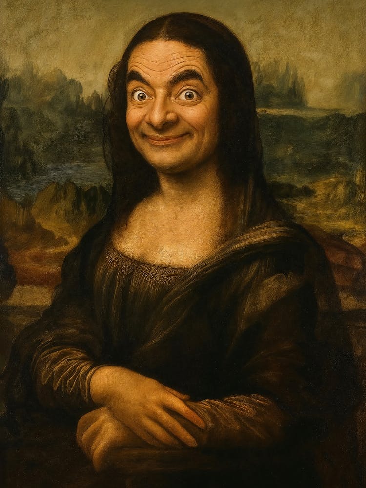 Rowan Atkinson's iconic Mr. Bean face hilariously replaces Mona Lisa in this vintage pop art meme. A perfect mashup of Leonardo da Vinci’s painting and modern humor, ideal for fans of trending art, jokes, and classic comedic expressions.