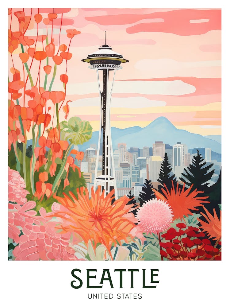 Seattle, United States Maximalist Travel Poster Vibrant Colour