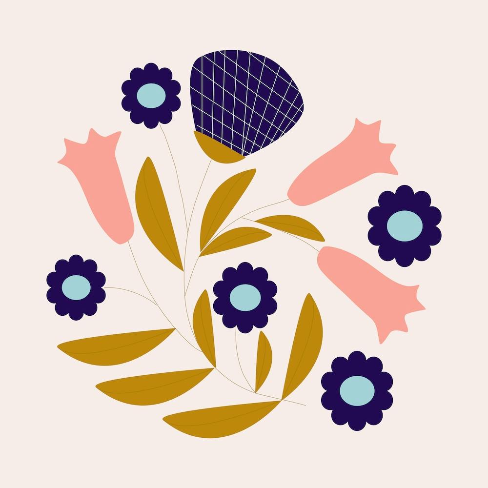 Dark Blue And Pink Retro Flower Composition 2