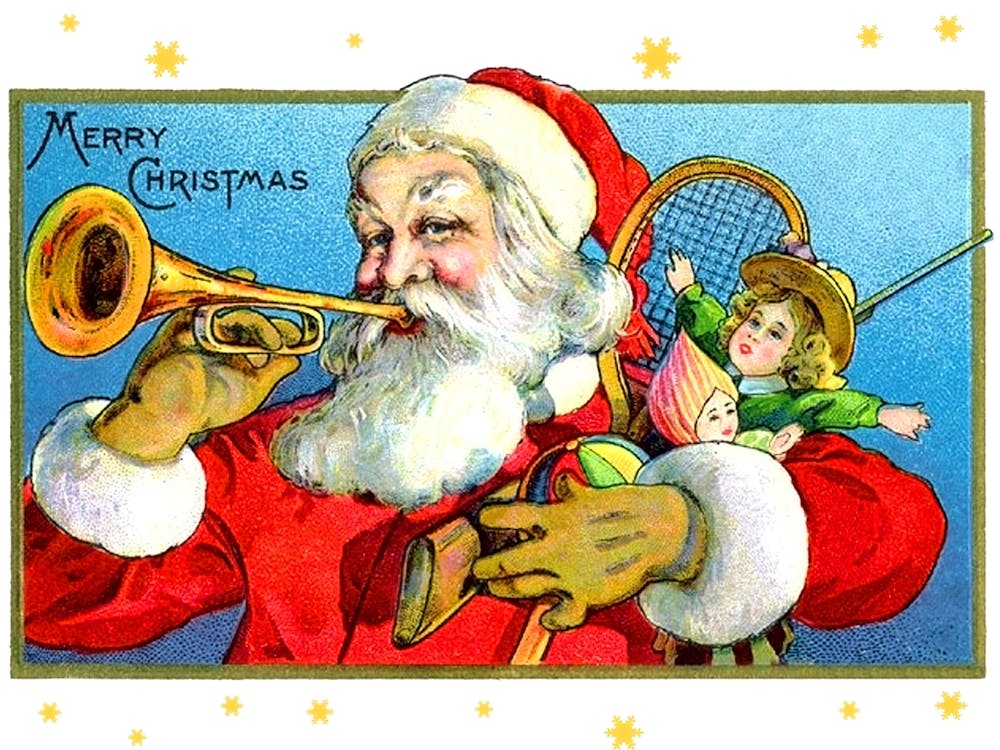 Santa Claus With Toys Playing On His Trumpet, Announcing Coming Holidays