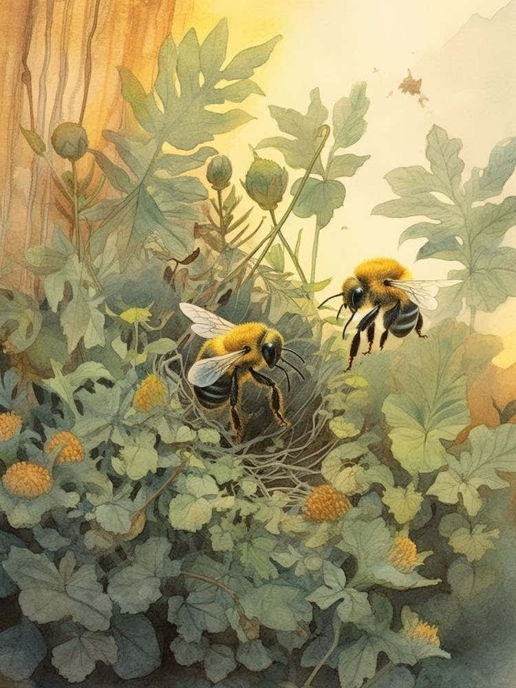 Garden Bumble Bee Beehive Watercolour Illustration 1