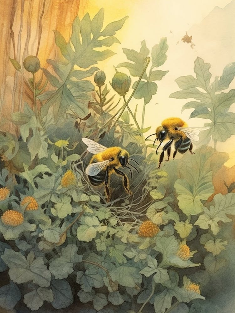 Garden Bumble Bee Beehive Watercolour Illustration 1