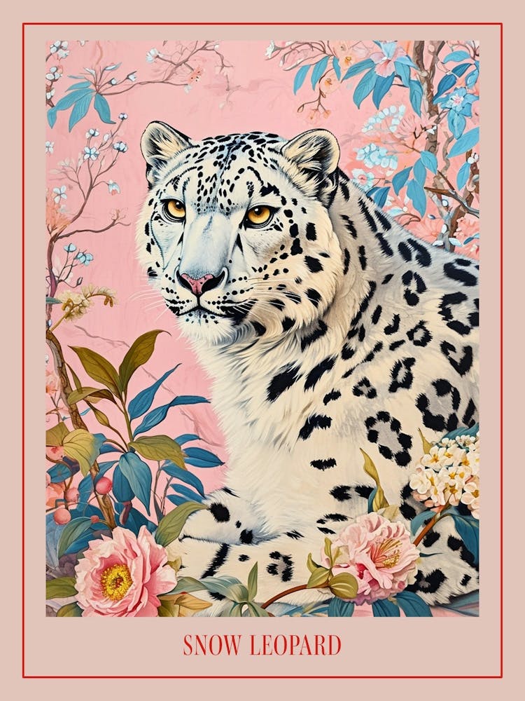 Floral Animal Painting Snow Leopard 4 Poster