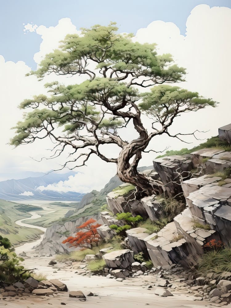 Koya San In Wakayama, Japanese Brush Painting, Ukiyo E, Minimal 1