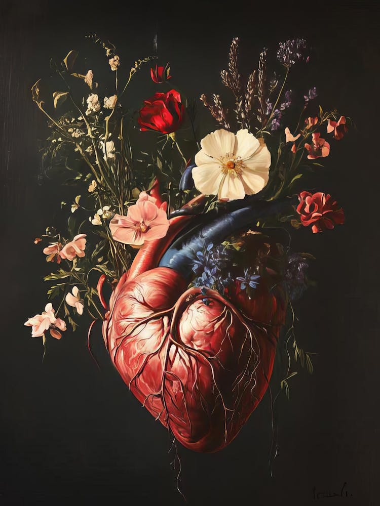 Human Heart Painting Heart Print Vintage Floral Anatomy Print Vintage Halloween Print Medical Wall Art Organ Print