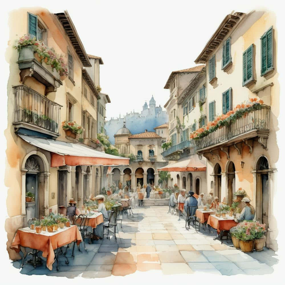 Italian Cafe Street With Old Buildings, Watercolor Painting Art