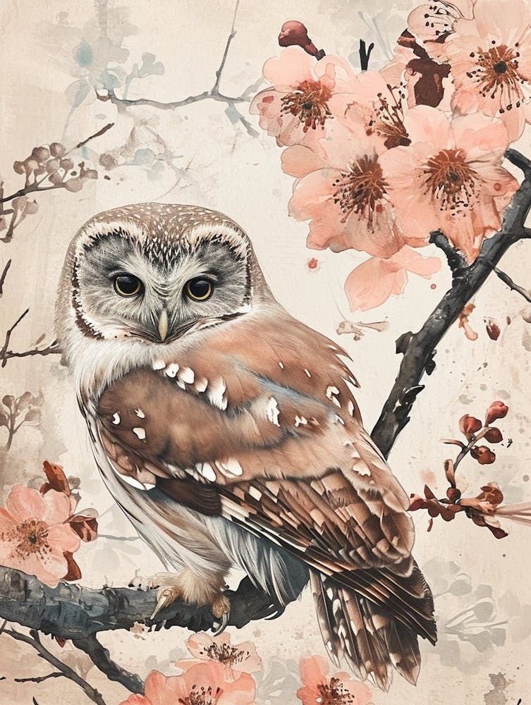 Northern Saw Whet Owl Japanese Painting 4