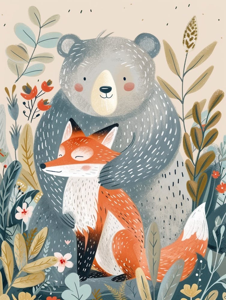 Sloth Bear And A Fox Storybook Illustration 3