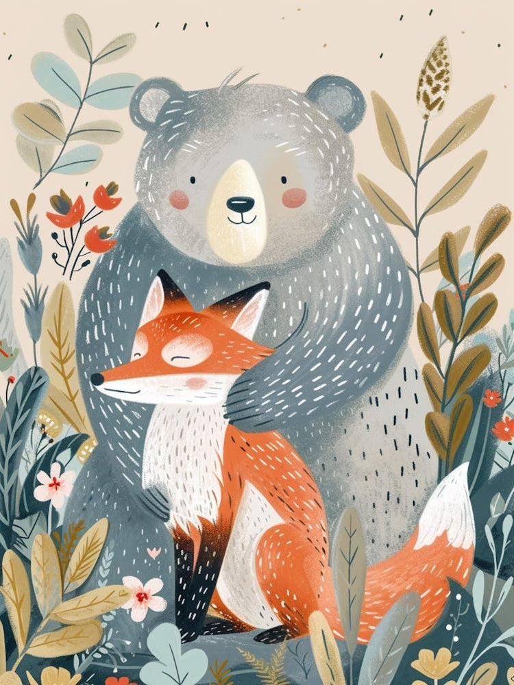 Sloth Bear And A Fox Storybook Illustration 3