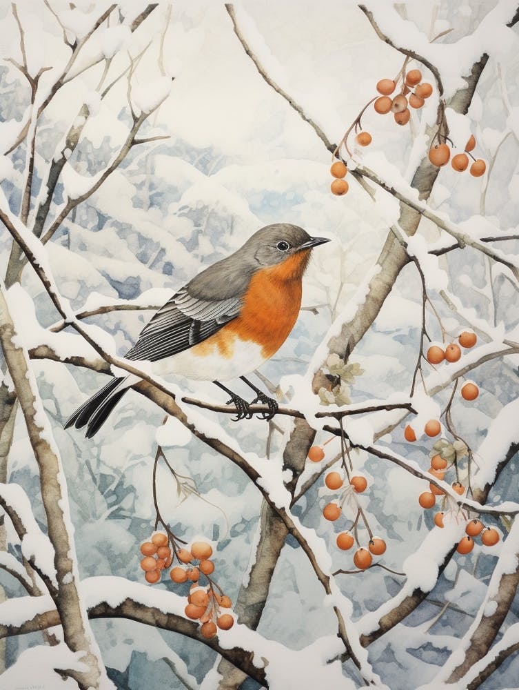 Rouge-gorge - Peinture d'Oiseau d'Hiver 6