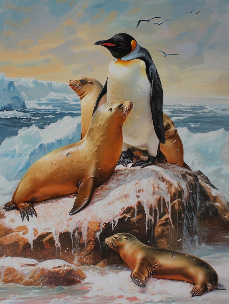 Adlie Penguin Sea Lion Island Oil Painting 4