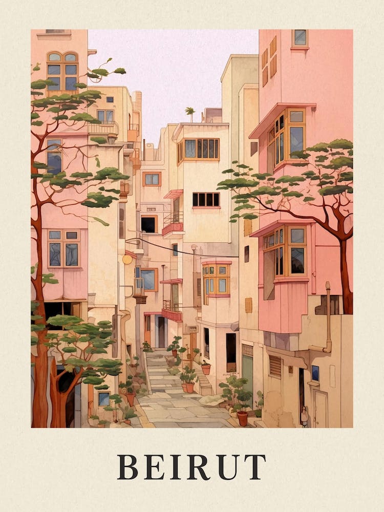 Beirut Lebanon 1 Vintage Pink Travel Illustration Poster
