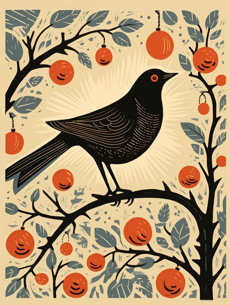 Vintage Bird Linocut Blackbird 3