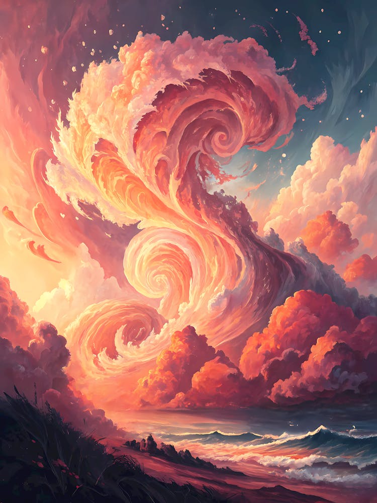 Textured Ocean with Swirling Clouds Oil Painting