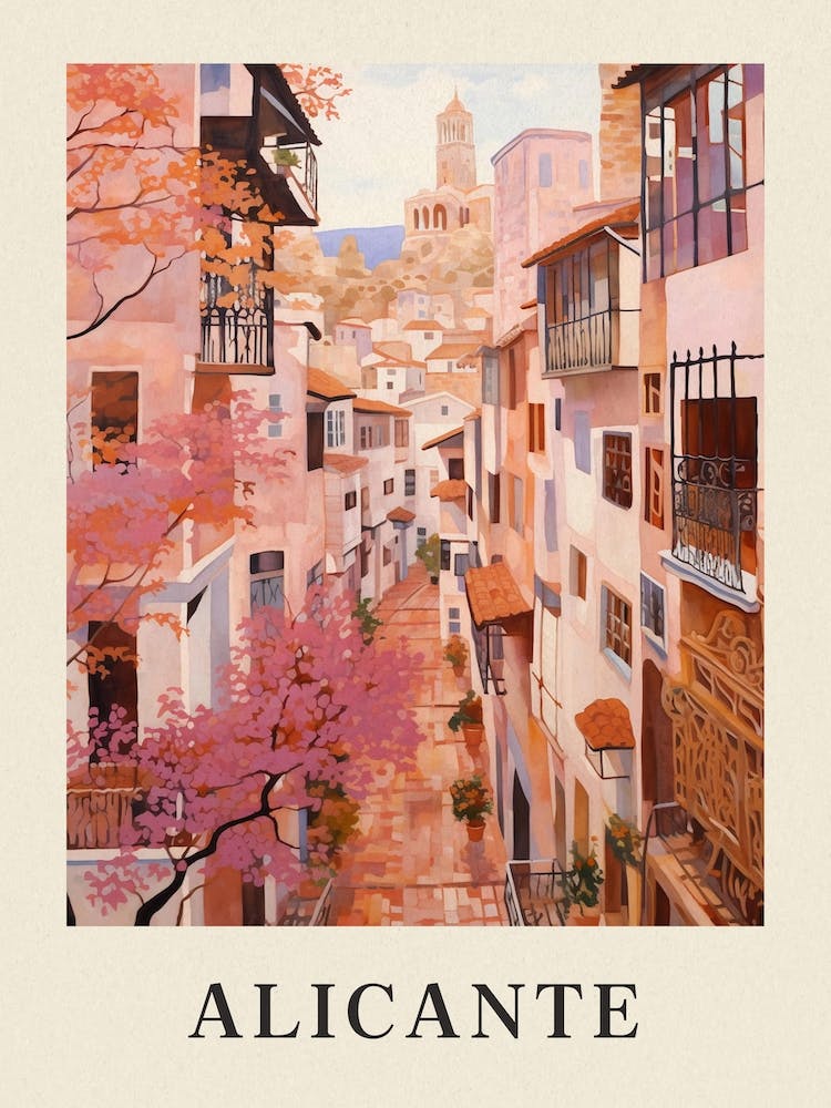 Alicante Spain 2 Vintage Pink Travel Illustration Poster