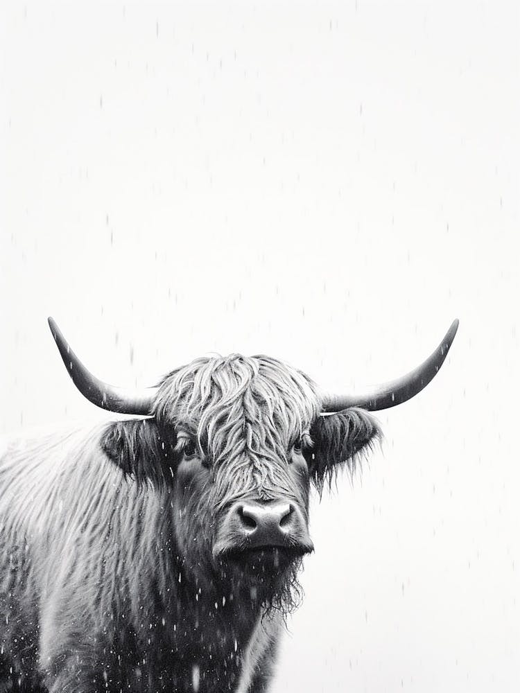 Black & White Ink Painting Of Highland Cow 2