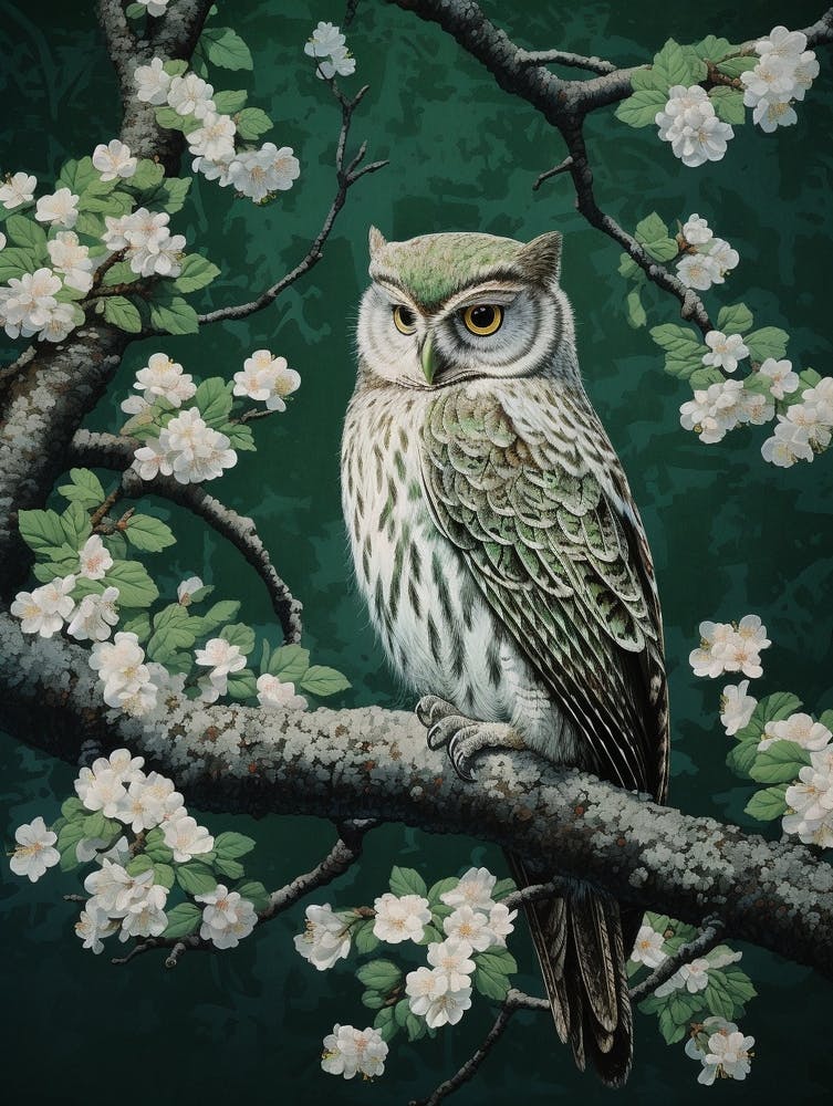 Ohara Koson Inspired Bird Painting Eastern Screech Owl 4