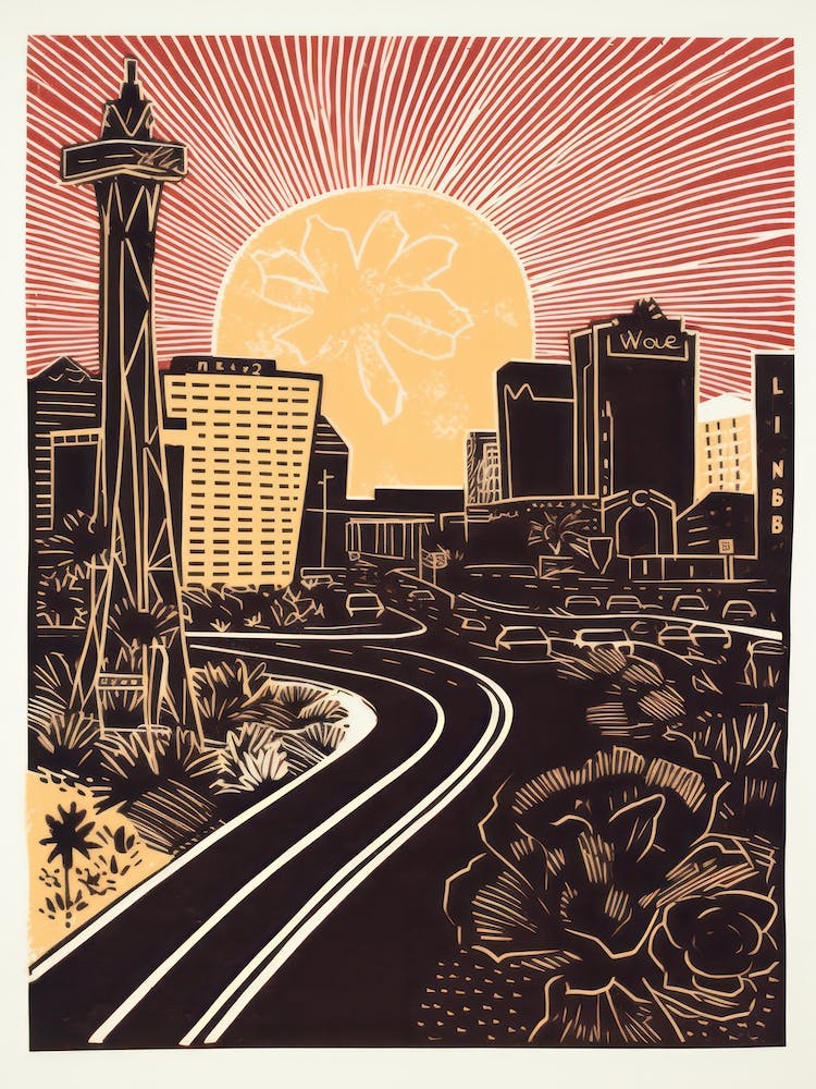 Las Vegas United States Linocut Illustration Style 2