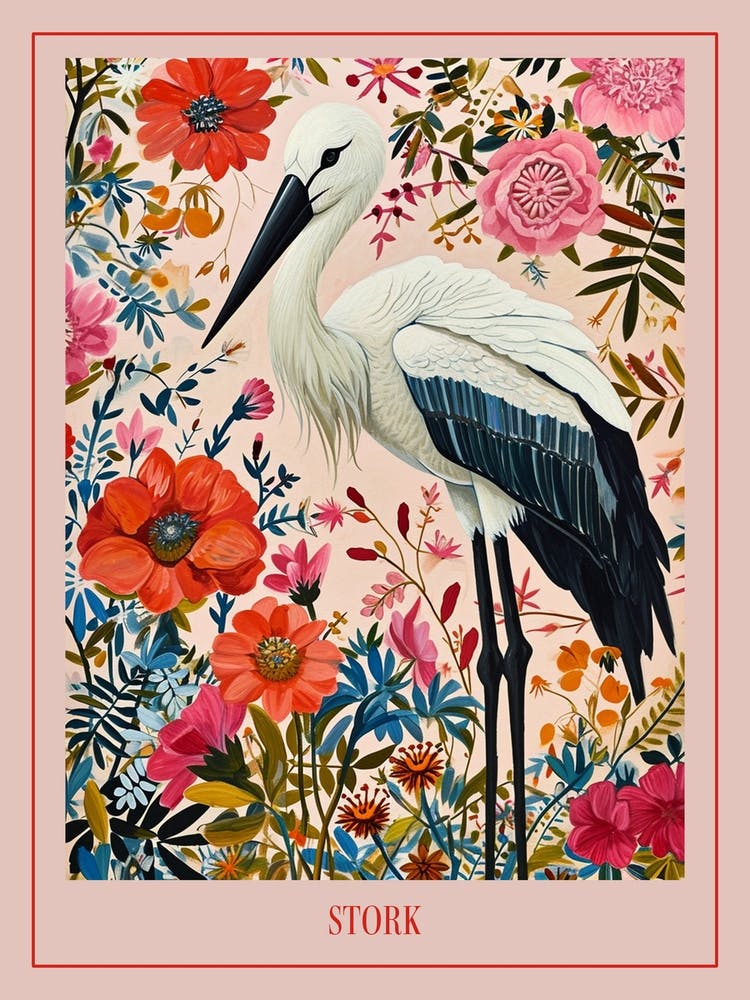 Floral Animal Painting Stork 1 Poster