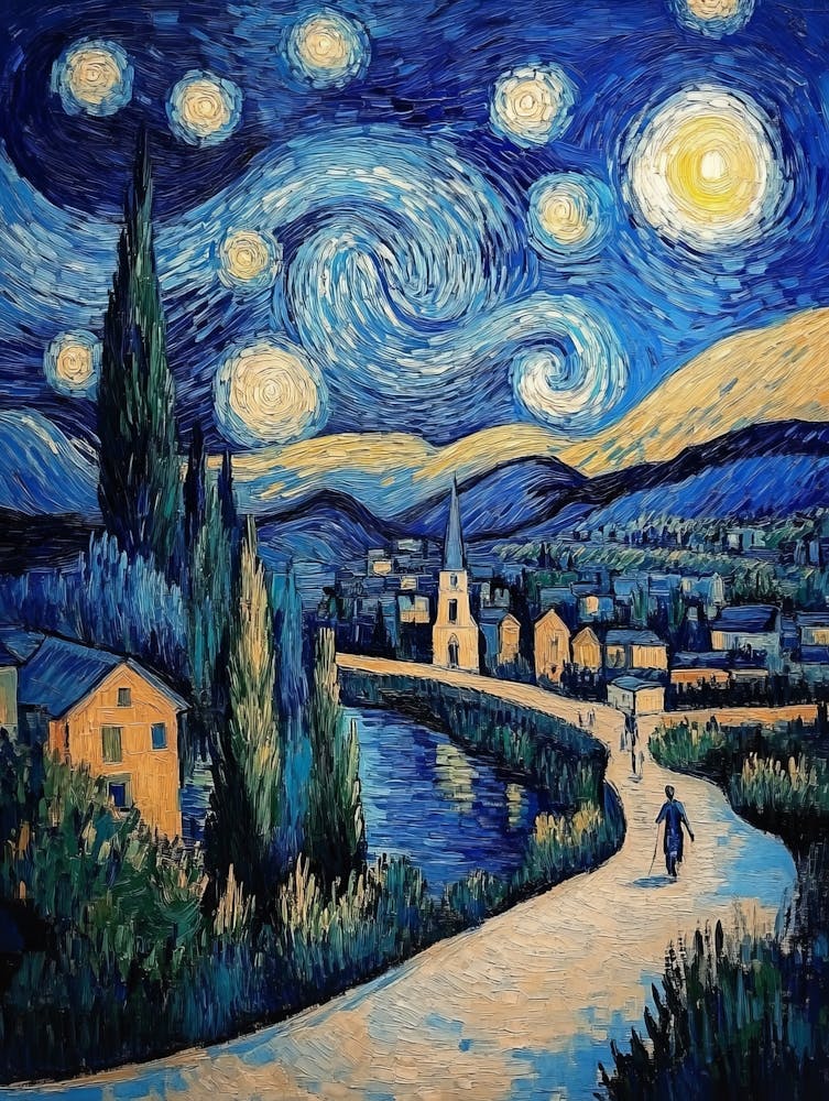 Starry Night Vincent Van Gogh Painting Style, Landscape In Blue Tones Masterpiece