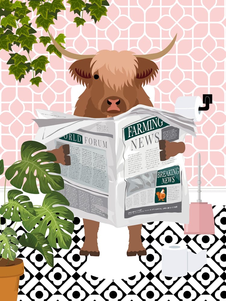 Highland Cow On Toilet Rose Botanical