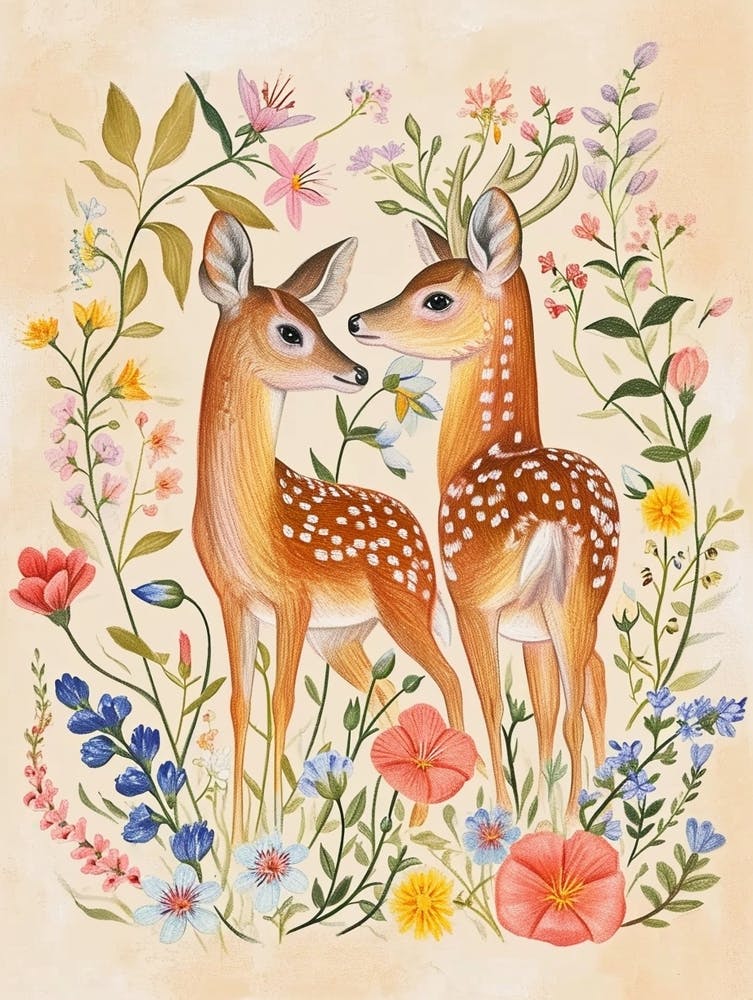 Folksy Floral Animal Drawing Deer 4