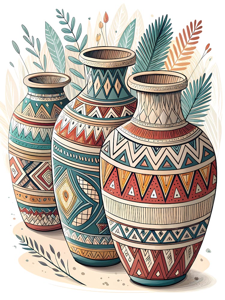 Tribal Patterned Vases Ethnic Decorative Art