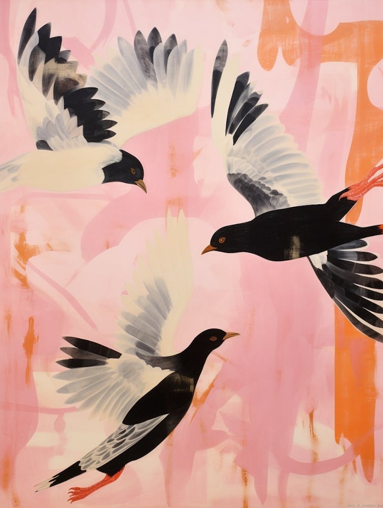 Pink Ethereal Bird Painting Blackbird 2