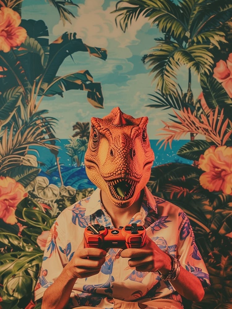 Retro Collage Dinosaur Playing Video Games 3