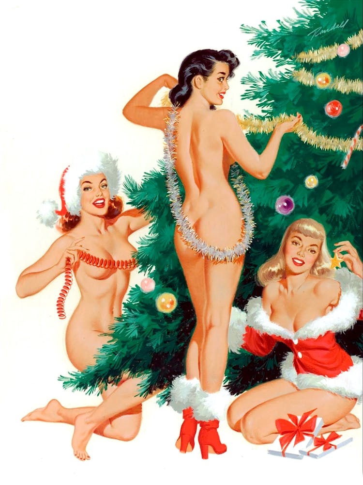 Three Beautiful Pin Up Girls Decorating A Christmas Tree