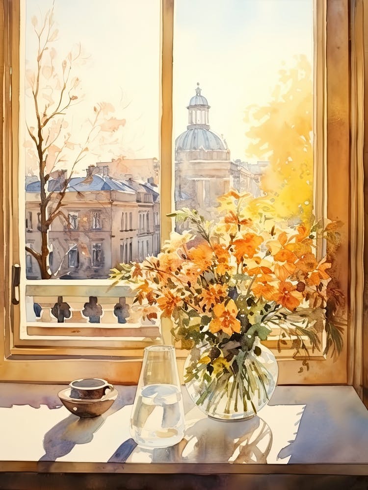Window View Of Helsinki Finland In Autumn Fall, Watercolour 3