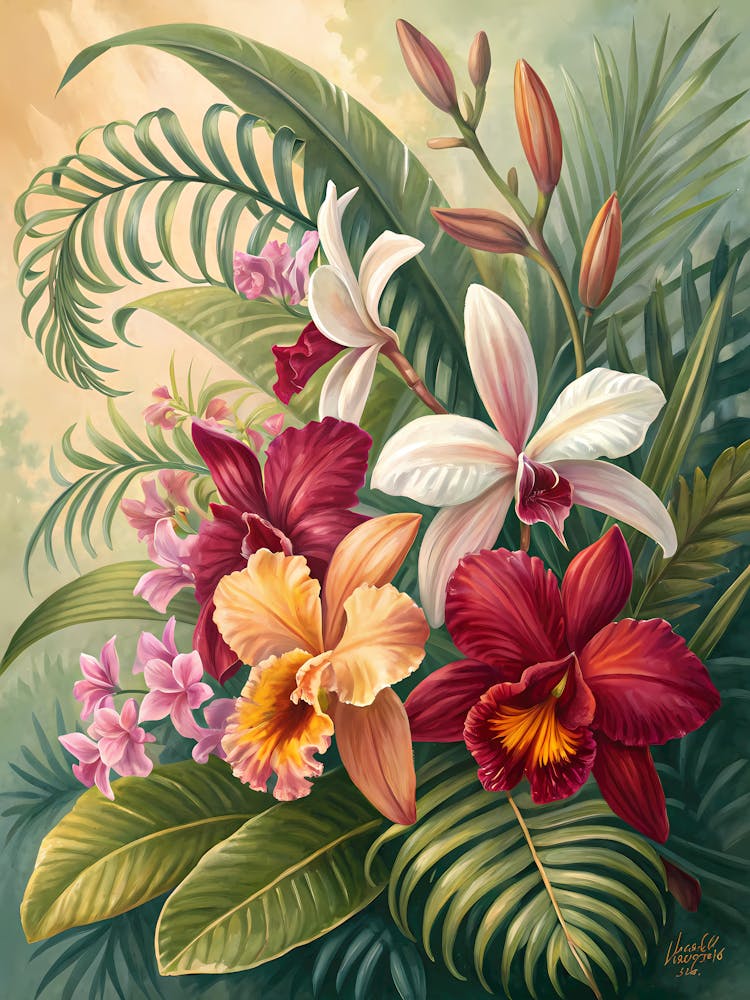 Tropical Wildflower Arrangement Oil Painting Style