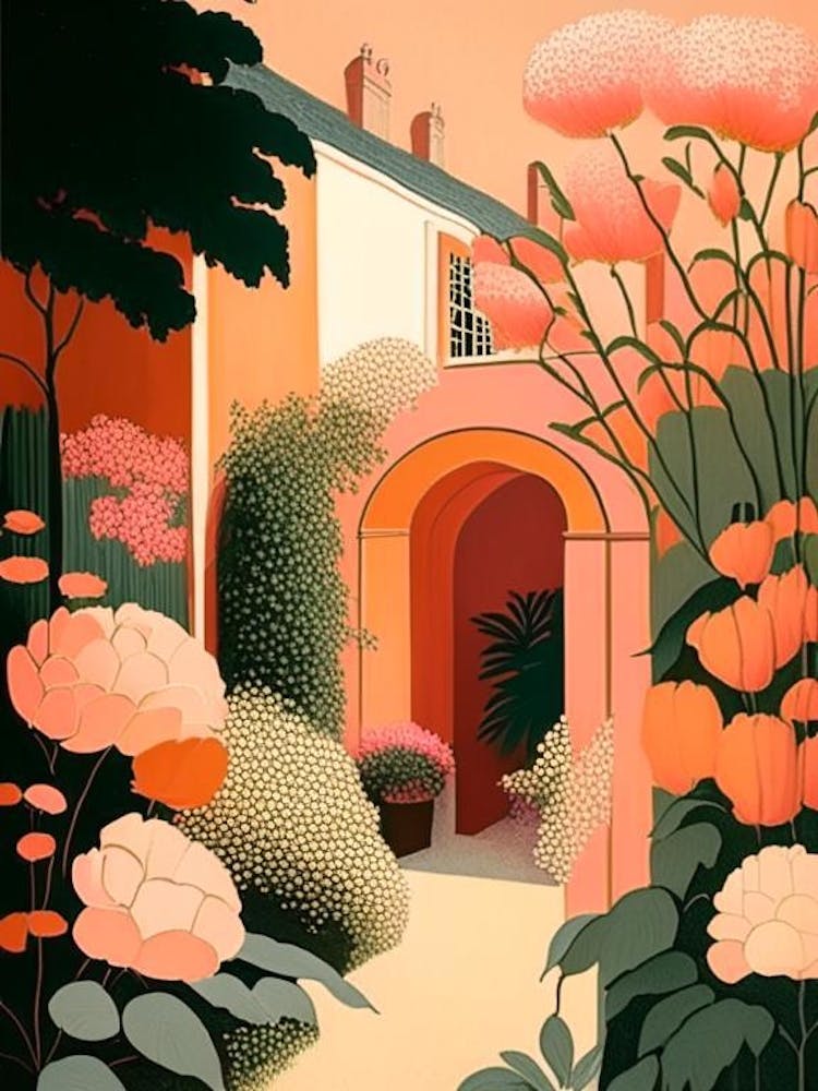 Courtyard With Peonies Orange And Pink Vintage Sketch