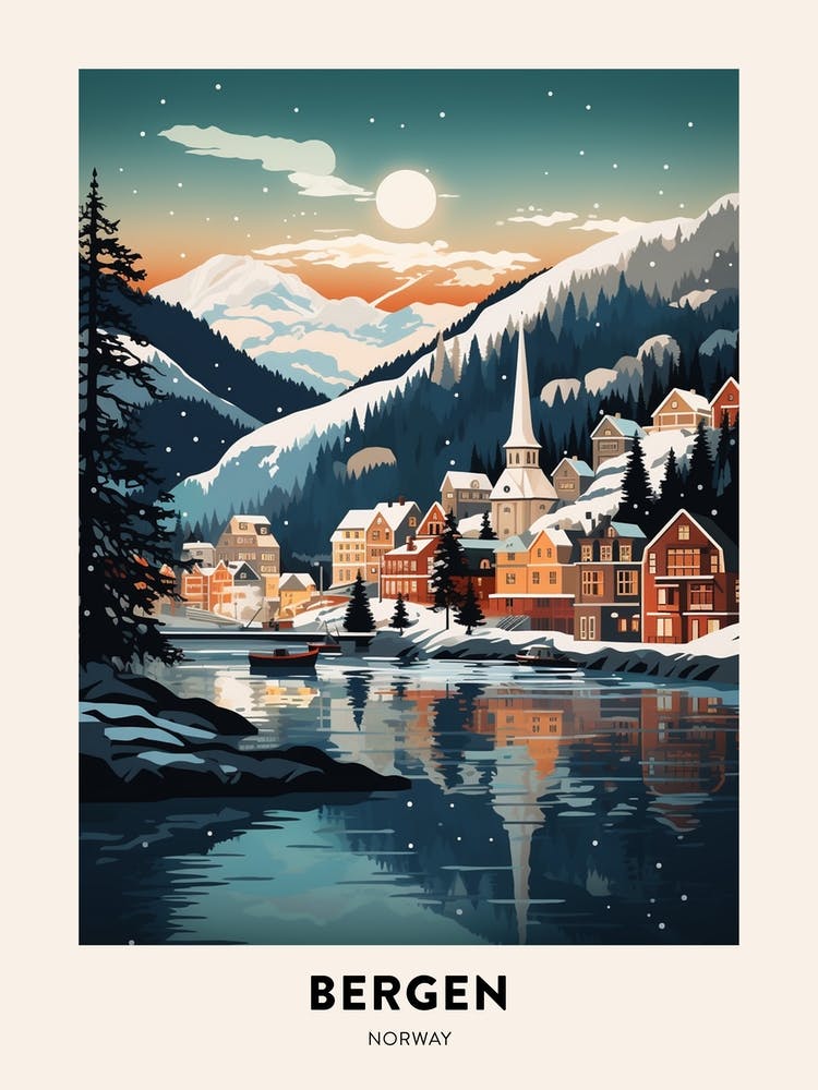 Winter Night  Travel Poster Bergen Norway 2