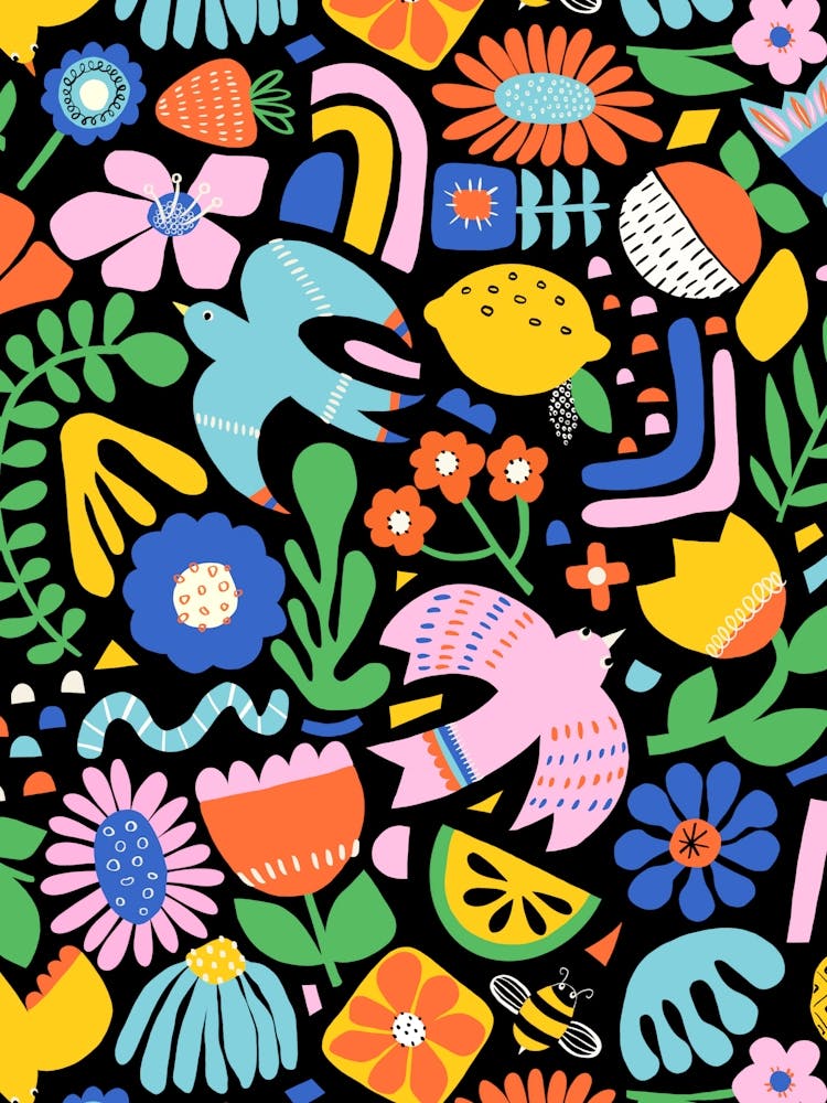 Birds And Flowers Happy Colorful Collage