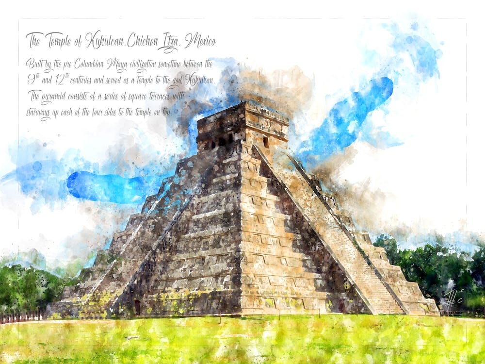 Maya Pyramid, Mexico Watercolor