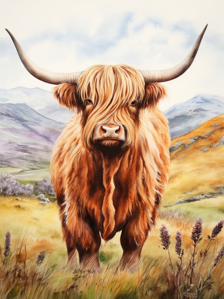 Watercolour Mountain Highland Cow 2