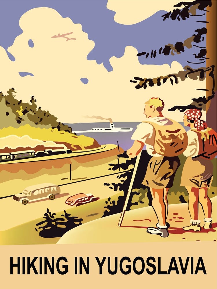 Hiking In Yugoslavia, Vintage Travel Poster