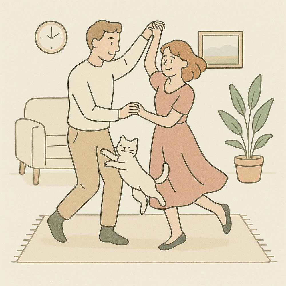 Joyful Couple Dancing with Their Cat in a Cozy Room Wall Art
