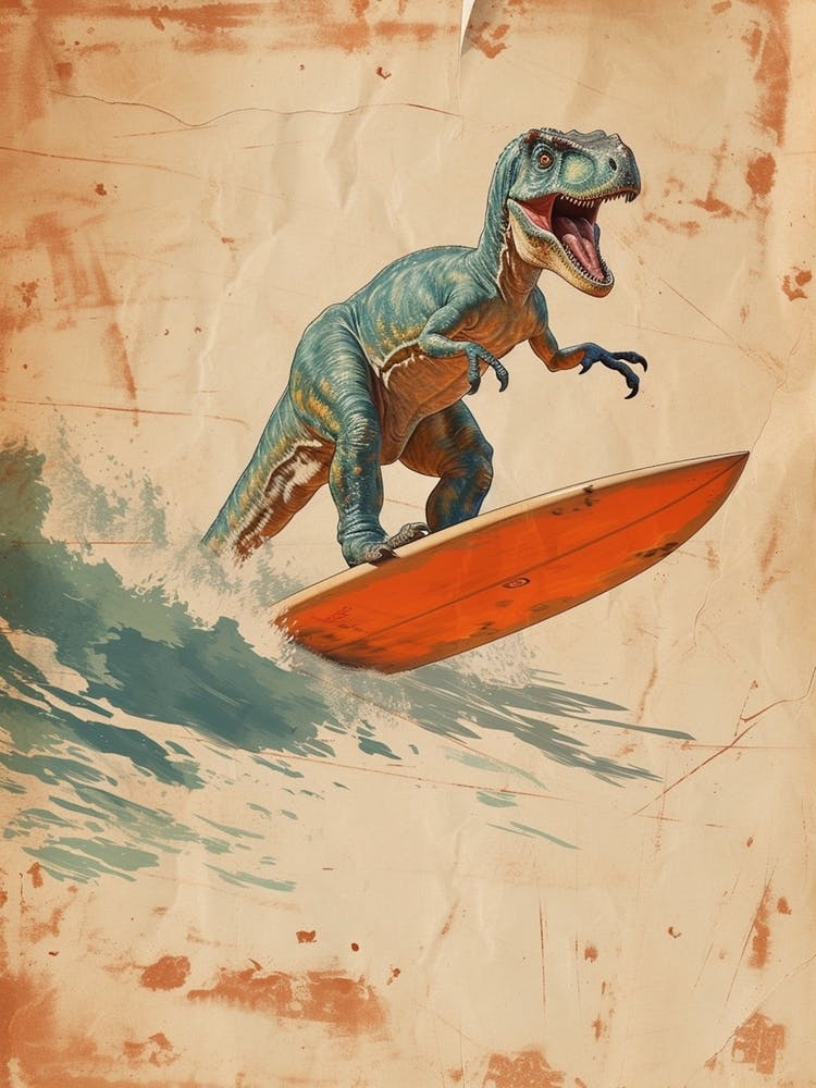 Vintage T Rex Dinosaur On A Surf Board 2