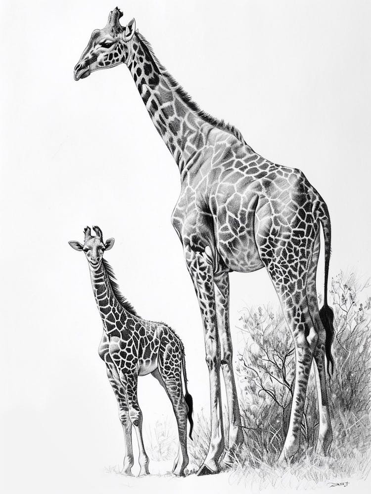Pencil Portrait Of Giraffe Mother & Calf 2