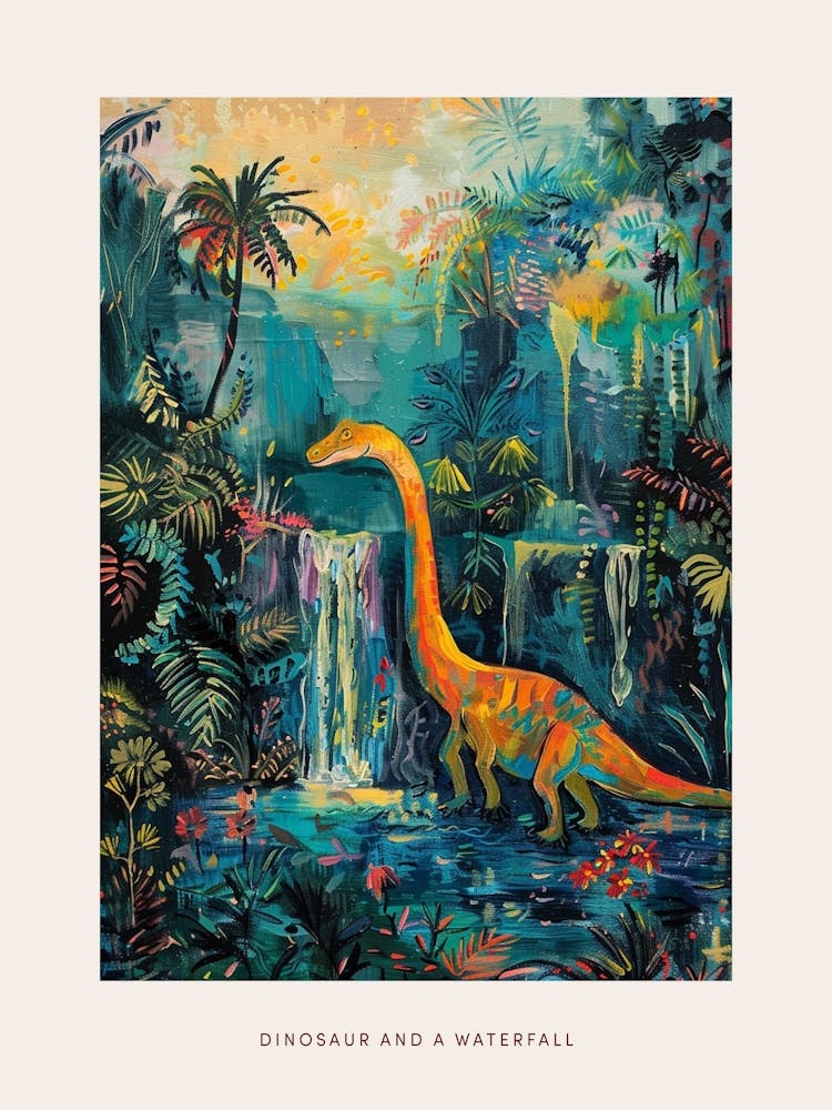 Dinosaur By A Waterfall Landscape Painting 1 Poster