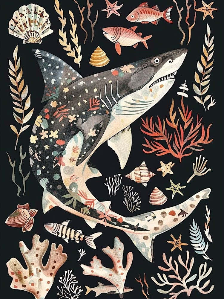 Largetooth Cookiecutter Shark Seascape Black Background Illustration 1