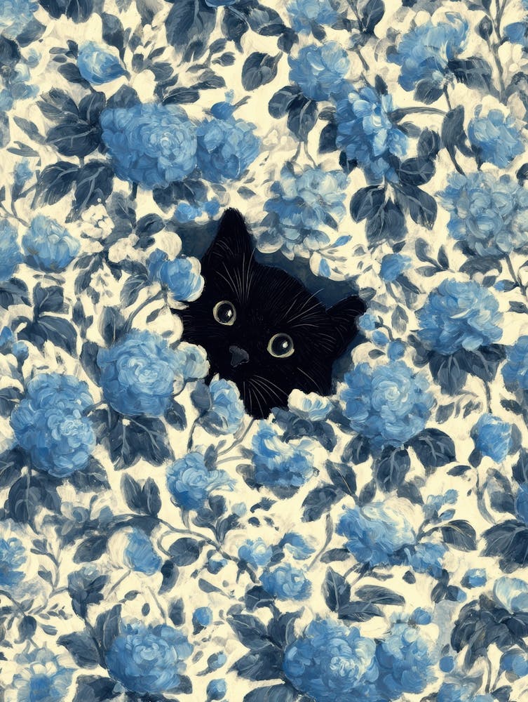 Black Cat In Blue Flowers 17