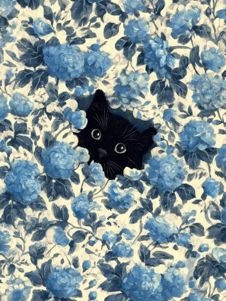Black Cat In Blue Flowers 17