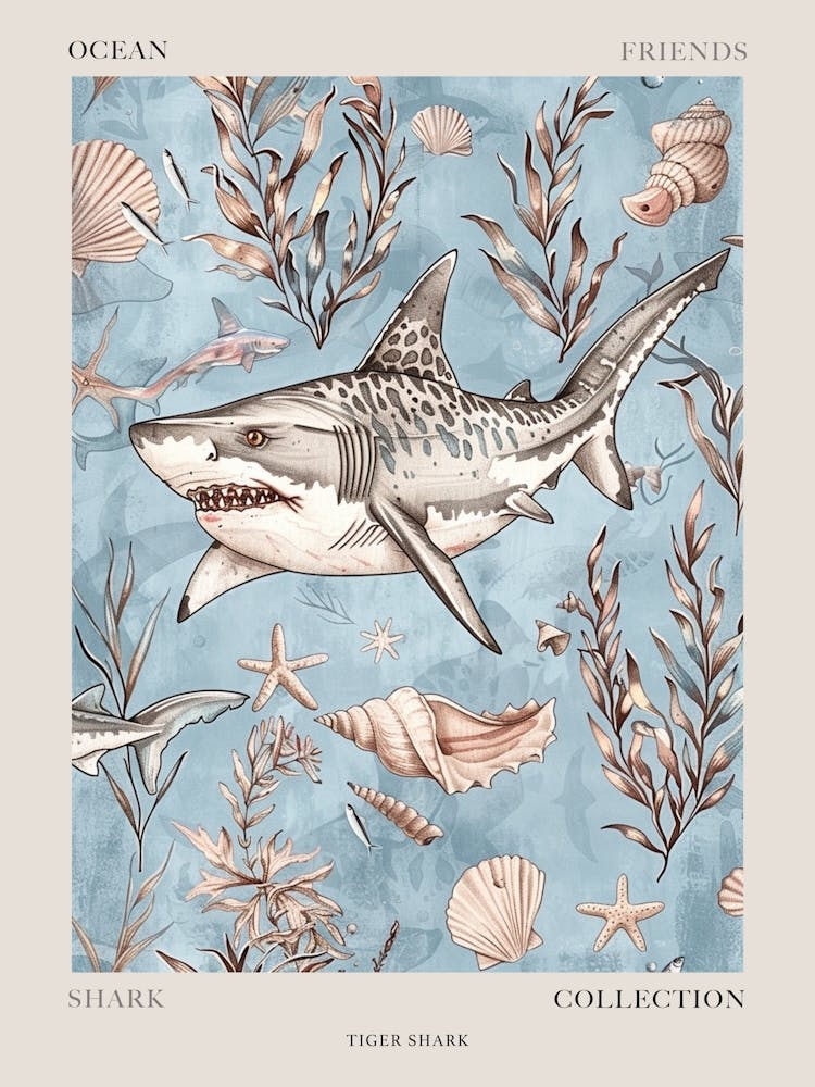 Requin Tigre Bleu Pastel - Motif Marin à l'Aquarelle 2 - Affiche